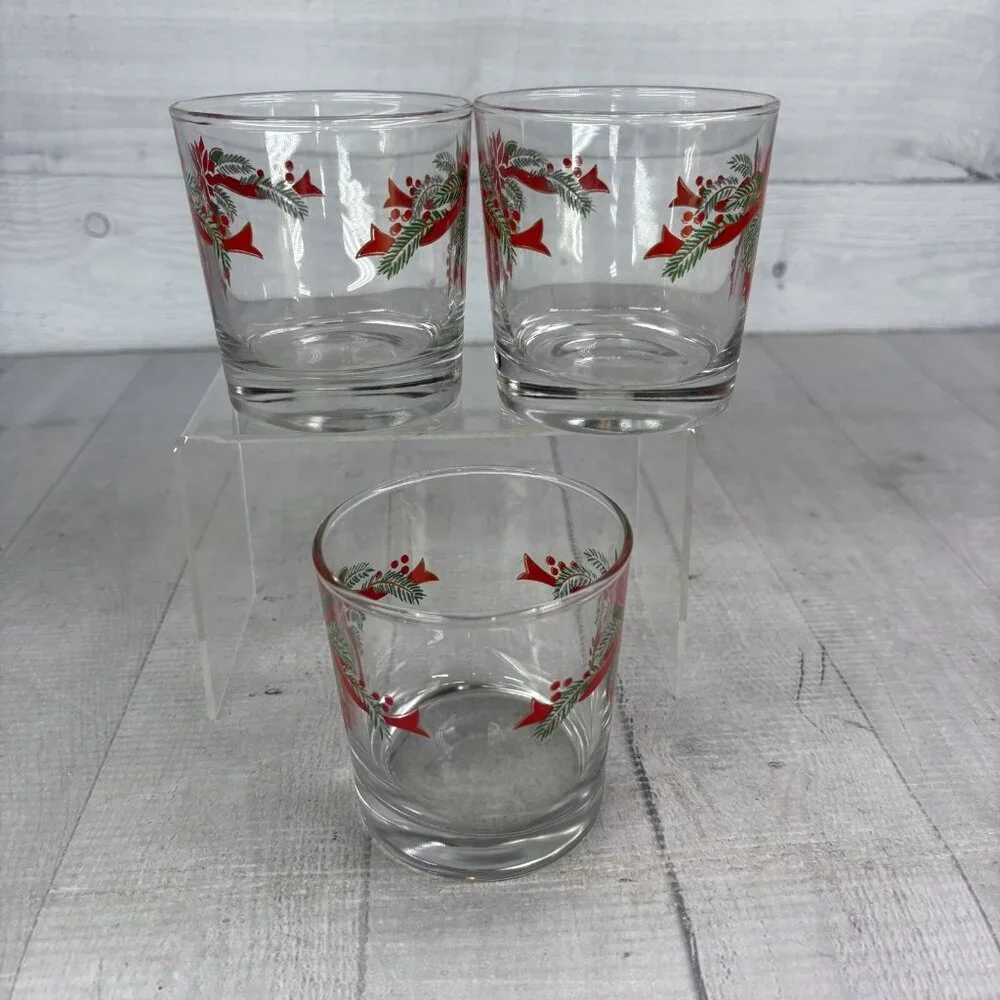 Anchor Hocking POINSETTIA & RIBBONS 89524 Rocks 9oz Whiskey Glasses Set 3 NEW